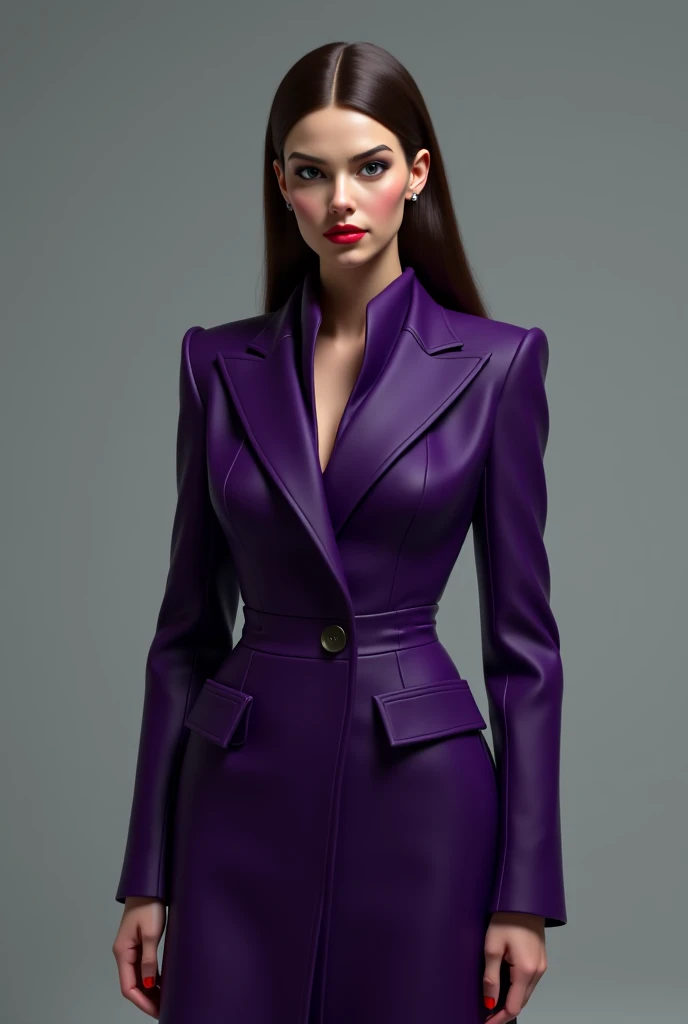 I want you to create a lawyer figure that can easily drawing with purple coat, sexy figure, long face, little eyes, white girl, and has a strong personality.
