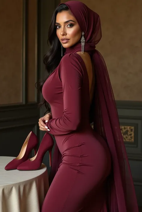 Fair skin long hair young muslim kim Kardashian busty,big ass,slim thick,curvy flaunts curves in extremely skin tight full muslimah dress . head covered by hijab and shoulder draped by long sheer scarf.long earrings. High heels laying on table