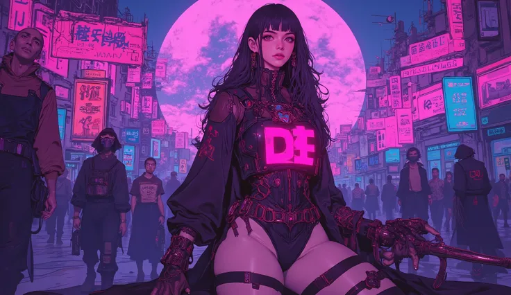  top quality　Ultra delicate　Japanese anime anime　 one pretty girl　Pink light　blue-purple scenery 　 The downtown area of the future　Strong shadows 　 strong contrast 　 cyberpunk　Big Breasts　 costume 