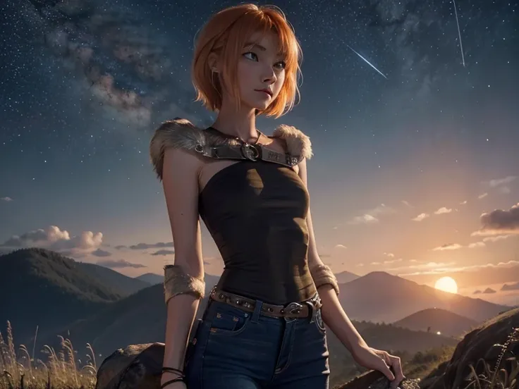 Astrid,  short hair,  orange hair,  slim body,  small bust,  Looking at the spectator, jeans,  pretty legs, landscape, mountainous, hand on his chest,  starry sky,  Full Moon,