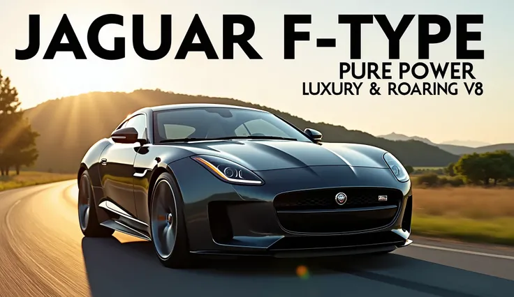 "A dynamic and eye-catching YouTube thumbnail for a 2025 Jaguar F-Type review video. 
The image should feature the 2025 Jaguar F-Type parked on a scenic road, highlighting its aggressive front grille, LED headlights, and sleek, modern design. The backgroun...