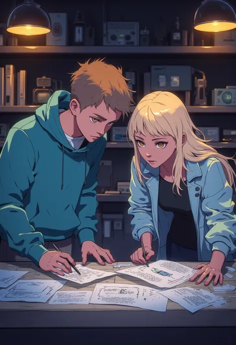 Two anime-style characters, a boy with short brown hair and a girl with long blonde hair, are studying together in a dimly lit laboratory.  The boy is wearing a teal hoodie and grey pants, while the girl is wearing a light blue jacket and dark clothing. Th...