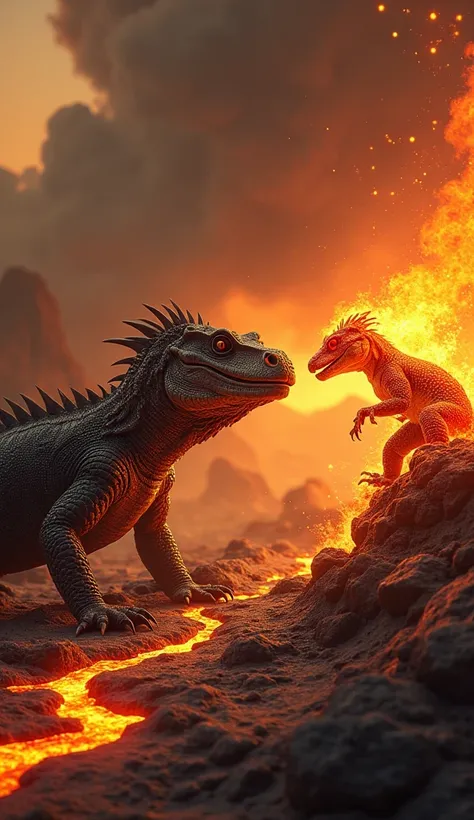 A digital artwork of a massive komodo dragon crawling over cracked, molten earth, its tongue flicking as it senses its fiery opponent. Across from it, a fire salamander perched on a boulder glows with molten orange and yellow hues, its body radiating heat ...