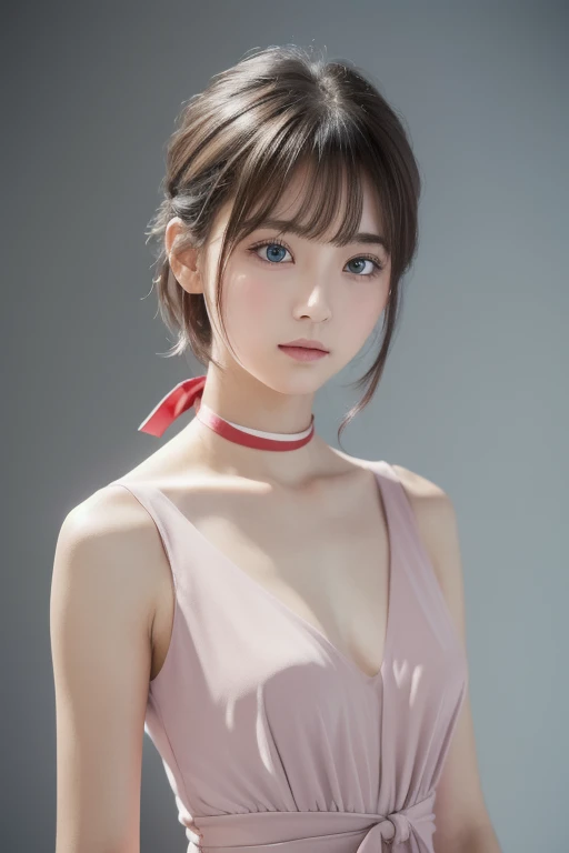 Masterpiece, best quality , high resolution,short hair, blue eyes, 1 girl, Alone, Blue Ribbon, eyelash , neck ribbon, Sleeveless, bangs, clavicle, Bare arms, Pink Dress , Red coat, white background, Front , No view, are staring at the viewer, upper body, f...