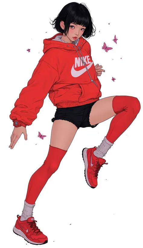  Super Real、  photorealistic 、、A beautiful Japanese woman like Minami Hamabe、red nike hoodie、  hotpants、Red G-Shock、Nike red sneakers、  black hair、  short bob、  style fluttering hair、Roundhouse kick、  Dynamic Poses for Play、 Dynamic Expression  、stare at t...