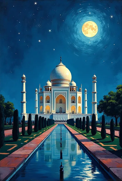 high quality, van gogh style, dark night with fullmoon, taj mahal with its light reflection showing in the front pool by the garden, black silhouettes of people