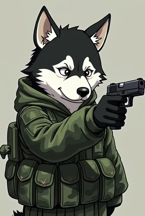 An anime style black and white anthropomorphic husky wearing a green camouflage military uniform, make him depressed with the thousand yard shattered stare, with a clear state of shell shock, holding a 9mm glock pointing from the right side to his own head...