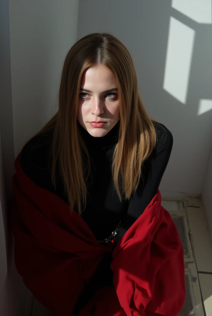 Photo, (sharp focus:1.2), (masterpiece), beautiful evil slavic woman, pale skin, long light brown straight hair, cinematic film still, stylish photo, geometry, sunlight, ((black turtleneck, dressed in blood red closed clothes)), art portrait with transpare...