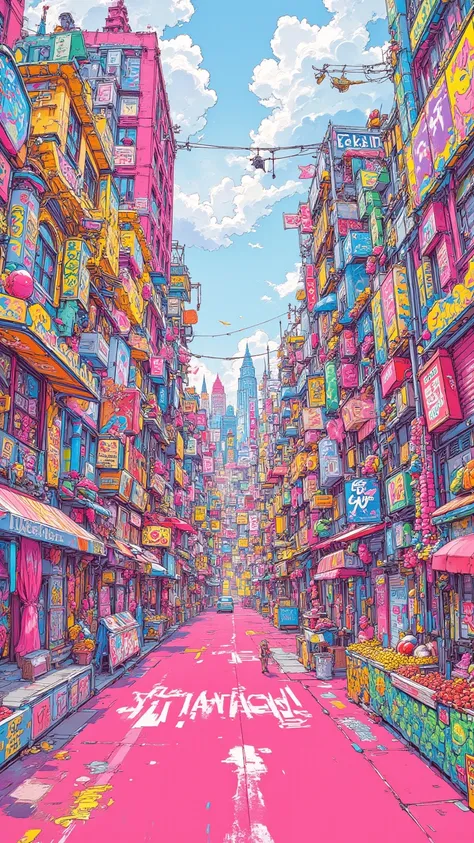  Spiritual art of a town full of graffiti with unrealistic crayons , Street vendors drawn on a pink background 。 Fancy and funky town full of ren's graffiti ,ren's Town ,The town that turned the toy box upside down,A bird's-eye view of a city with many slo...