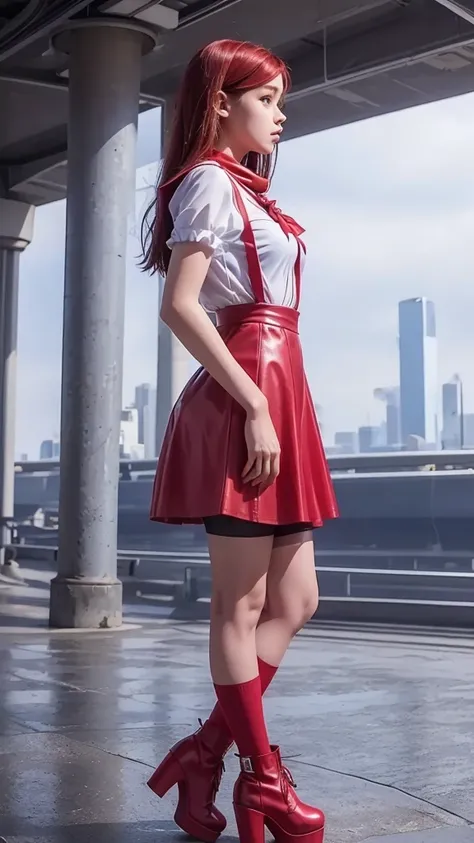 ((full body)), side view fitted figure , cute beautiful schoolgirl, beautiful cute face with big lips , ((High Waisted red leather skater pinafore dress)), ((transparent tulle blouse short puffy sleeves)), High Waisted red leather fluffy skater pinafore dr...