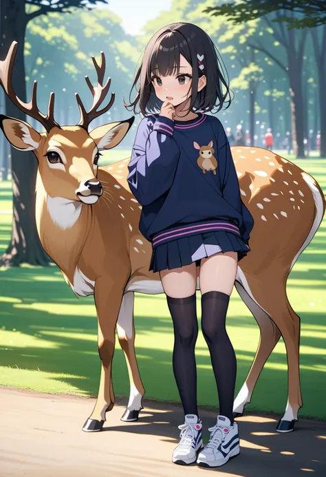 (Masterpiece, BestQuality:1.2),subtle colors, post-grunge,  intricate details, detailed depiction,
solo,little-girl playing with deer in the park. (darkblue short hair,black eyes),tween,
(fawn is sniffing a girl's butt). girl is embarrassed.
 (wearing Soni...