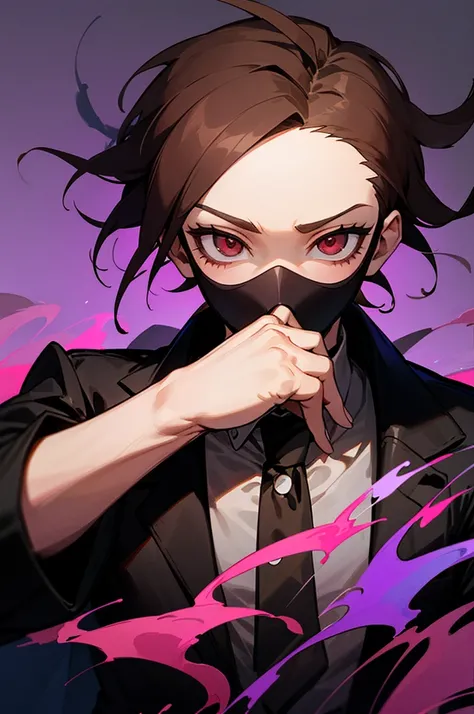 A boy with fair skin color, red eyes and short Bistre brown hair with bangs covering his forehead. He wears a black mask that covers his mouth. The background is black with smoke and purple lights. Danganronpa Art Style.