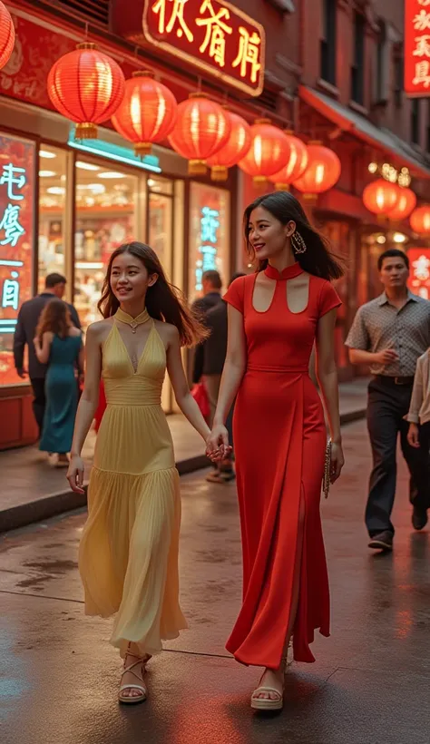 A fashionable Chinese mother (44) and daughter (20) celebrating Lunar New Year 2025 in Manhattan's Chinatown. Full body shot. The mother wears a modern, stylish qipao dress with a high slit and subtle cutouts, while her daughter sports a contemporary cheon...