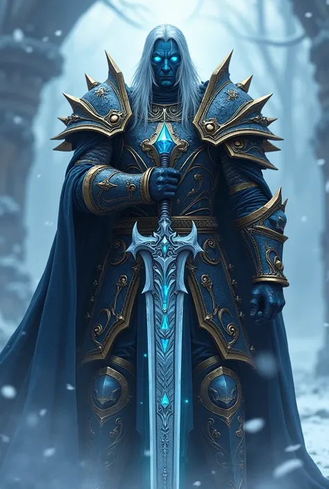  Silver waters and cold stares
Software developer Frostmourne sword with runic inscriptions
Ice blue ,  eyes left out of them
Heavy , black and gold embroidered armor  ( Transforms into Lich King armor where he leads the Army of the Dead )
It could be a sn...