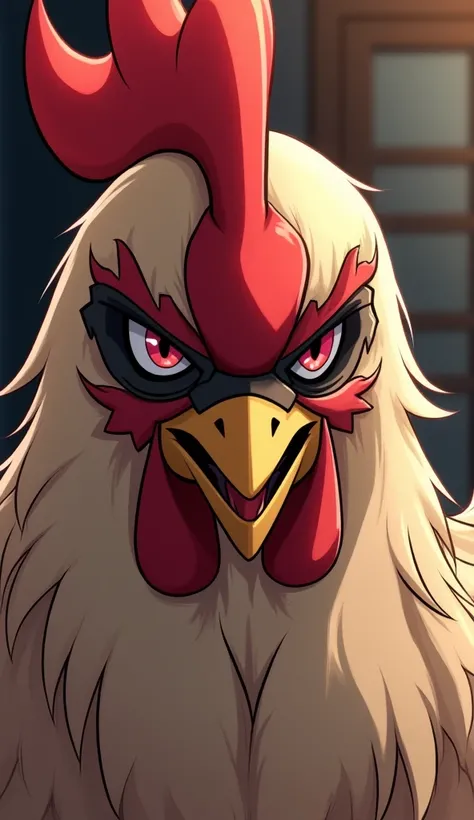 Anger Chicken, holding hummer, Long Hair, Red Eyes, Close-Up, Mask,Anime Style, 