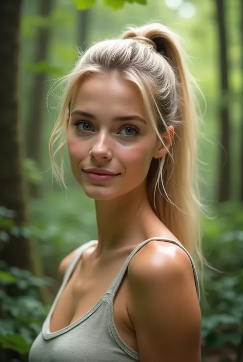 A realistic high-quality photo of a young blonde woman with no make-up, high ponytale haircut posing in the forest environment. The image should appear as if taken casually by an ordinary person using a regular smartphone or camera.