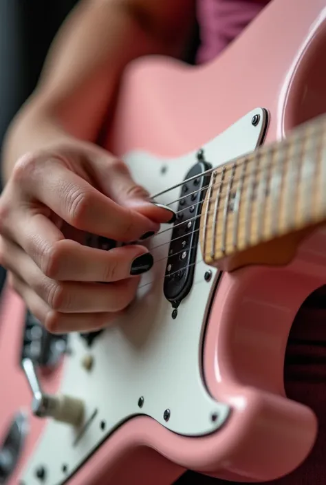  Zoom detail section of electric guitar vender , color pink white .  Left hand of female guitarist ,  white,  skin pores and veins look smooth ,  finger finger of lensed hand ,  fingernails black color ,  playing tone tone on guitar fretboard .  Right hand...