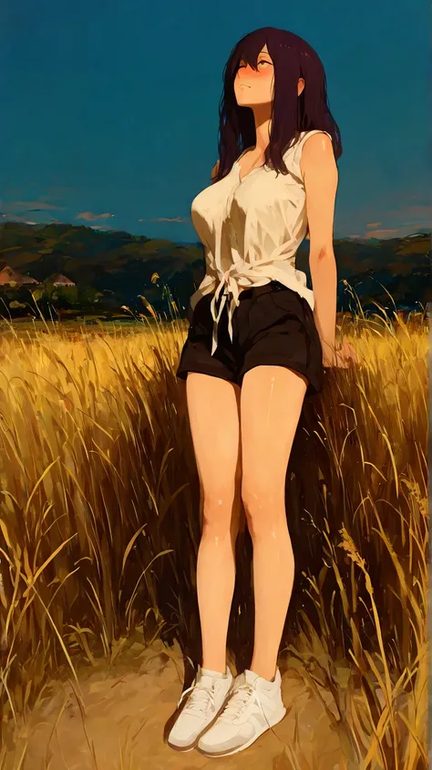 A young woman, light-skinned,  early twenties, with long, dark hair, is walking along a path in a field of golden tall grass.  She has a calm, neutral expression.  She wears a light beige/cream sleeveless top and black shorts that are fitted, mid-thigh len...