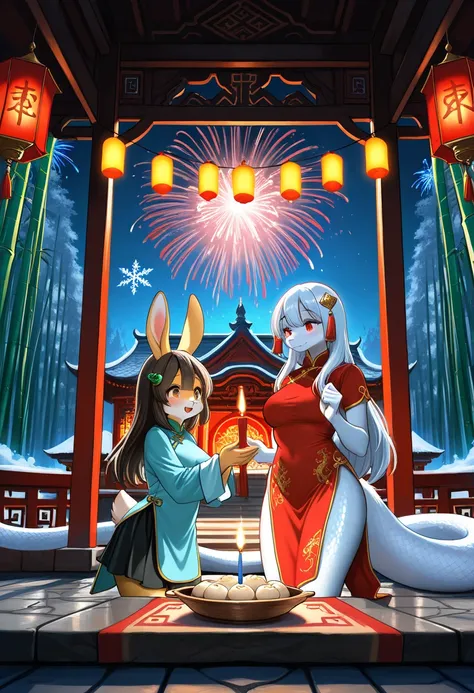 1girl, (furry, kemono:1.4), rabbit girl, animal nose, rabbit ears, qipao, traditional chinese dress, long hair, hair ornaments, gold embroidery, red lanterns, fireworks, glowing lights, giant white snake, shiny scales, gentle expression, playful interactio...