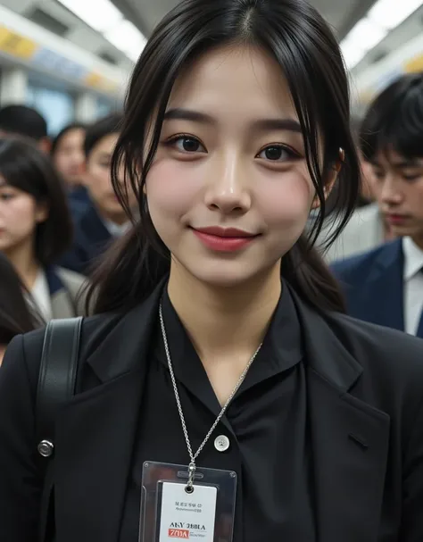 ( Profile of a super cute busty Korean female announcer when she commutes to work on a crowded train:1.2)(Grinning,smile:1.1)(Beautiful Sweat:1.1)(16k,  RAW photos ,  top quality, masterpiece: 1.2),( cute ponytail with glossy black hair )  Super Detail,  S...