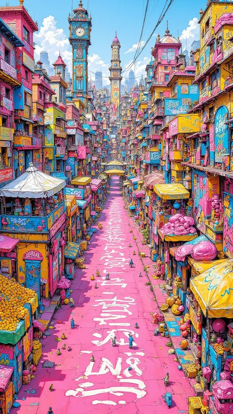  Spiritual art of a town full of graffiti with unrealistic crayons , street vendors painted on pink background, Merchant's Tent , street vendors playing with balls on Kandy ,ren's Town , Clock Tower is Kandy , Fancy and funky town full of ren's graffiti ,r...