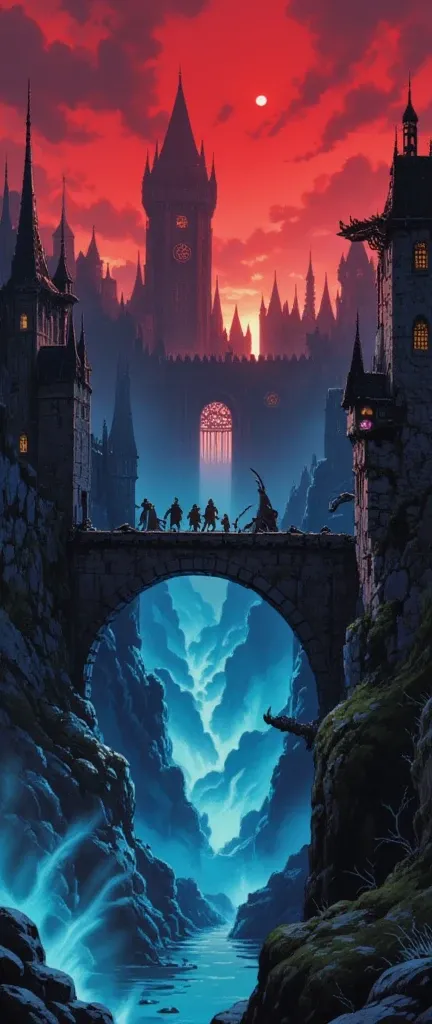 (masterpiece:1.4), (highly detailed), (ultra quality), (cinematic lighting), (16K wallpaper), (dark fantasy:1.3), (eerie atmosphere:1.3), (gothic architecture), (ominous red sky:1.2), (crumbling stone bridge stretching over a bottomless abyss:1.4), (writhi...