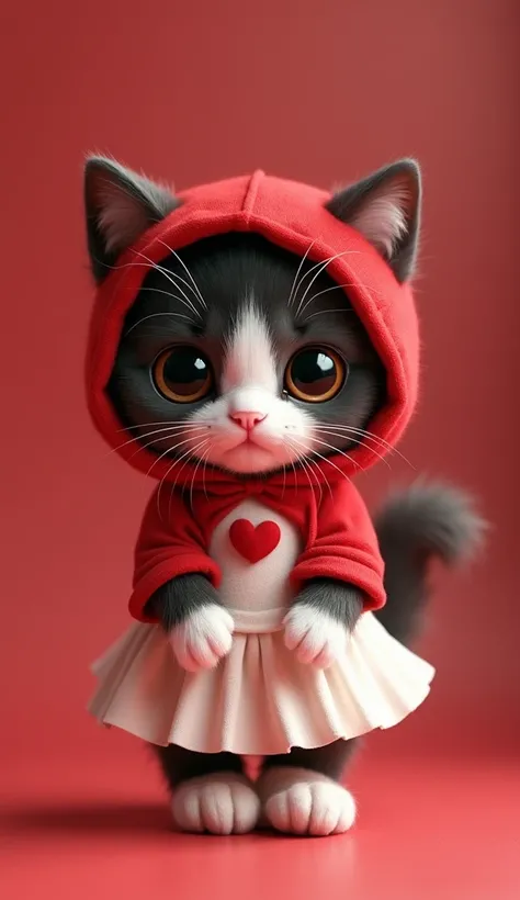 Heart World　Kitten wearing a bright red dress with a big head and eyes patch 。A black and white brown kitten wearing a pure white dress with a red heart pattern。I'm also wearing shoes。He wears a red hood with ears on his head。　stand on 2 legs and face the ...