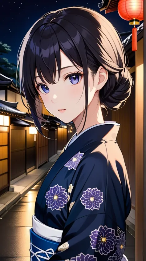 Dark-haired handsome Asian、Her eyes are double long and her eyes are black 、 wearing a plain navy colored yukata、The background is Kyoto at night