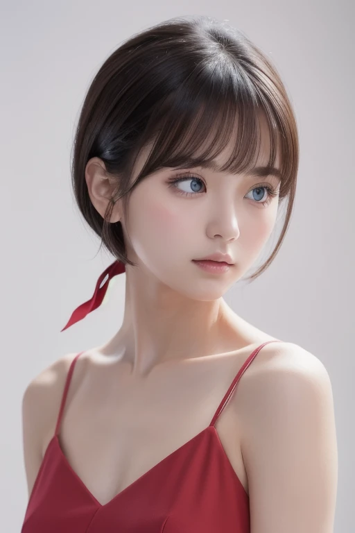 Masterpiece, best quality , high resolution,short hair, blue eyes, 1 girl, Alone, Blue Ribbon, eyelash , neck ribbon, Sleeveless, bangs, clavicle, Bare arms, Pink Dress , Red coat, white background, Front , No view, are staring at the viewer, upper body, f...