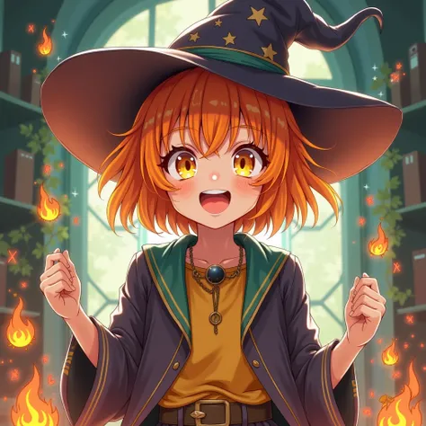 orange hair, short cut, yellow eyes, witch, bright personality, girl, anime