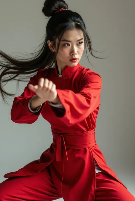 a beautiful woman, ((perfect body figure, beautiful face, big breast, big ass, focus and intense gaze)), martial art, kung fu, wing-chun pose, cheongsam, intense pose , full body view, ready to attack pose, red clothes