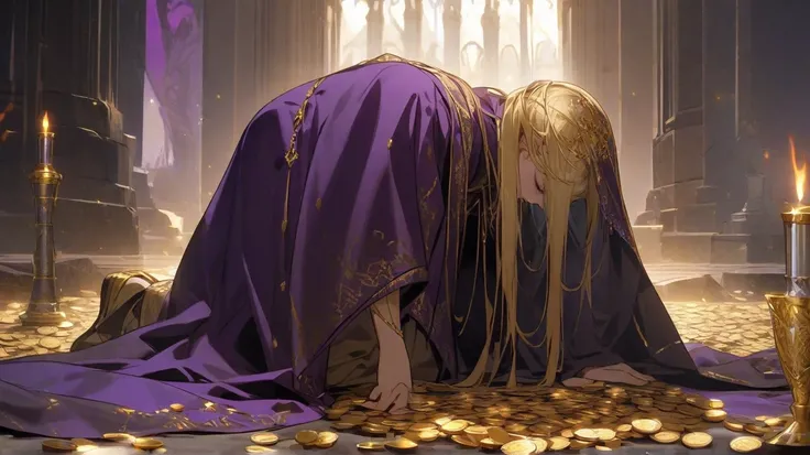 Draw a weeping young king on his knees, he must be wearing a dark purple cover with yellowish details, On the ground fallen coins and chalices