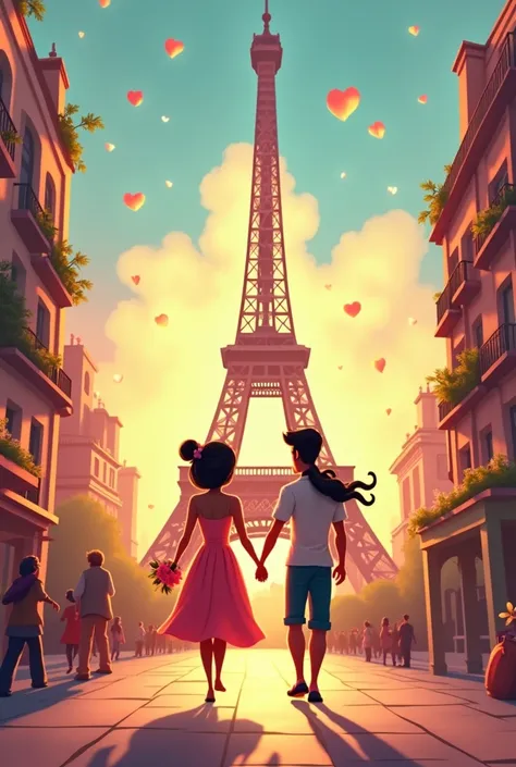 Animated couples holding hands in front of the Torre Effiel in Paris
