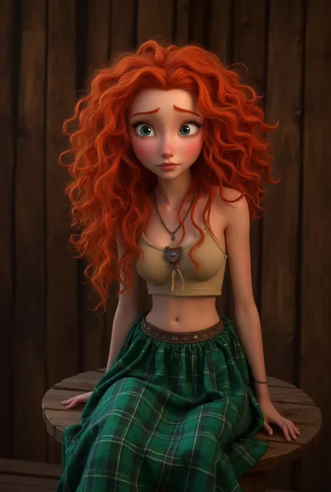 Merida from Brave wearing a green tartan skit and a beige crop top. Sitting on a wooden stool wit a dark wood background. Looking at the viewer.