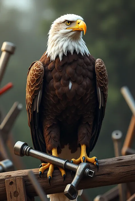 Eagle holding a carpenter's hammer on one leg and the other for a ratchet wrench