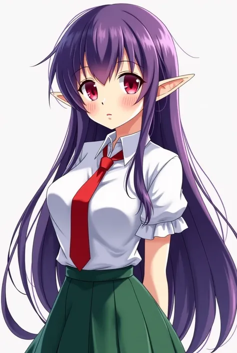  A woman with purple white and black hair, red eyes,  very long hair , beautiful, with freckles,  Elf Ears,  with green skirt ,  white shirt, red tie,  with a slightly small waist , not very large bust ,Anime type, 