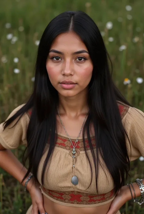 Very pretty native American 25 year old girl, traditional clothing, Pretty face, hands on hips, High details, Beautiful. Black hair, Masterpiece, Super Detailed, Textured Skin, realistic, full body, POV, from above,High Resolution, Anatomically Correct, Ac...