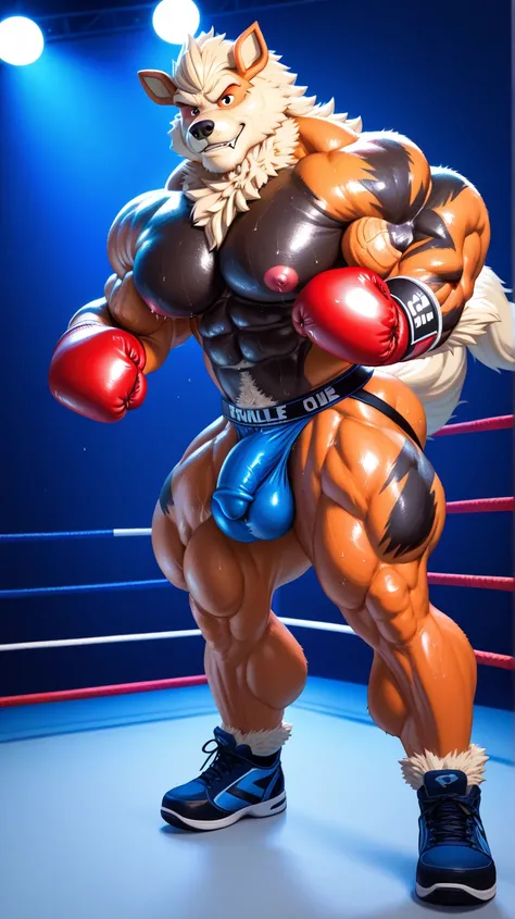 screwed up:   the muscular of anthro Arcanine wearing boxing gloves. 4K, high resolution, best of quality, perfect of colors, perfect of shadows, perfect of things, Furry body, Alone of, Arcanine, Legs sweat, body hair, The older of, male, black jockstrap ...