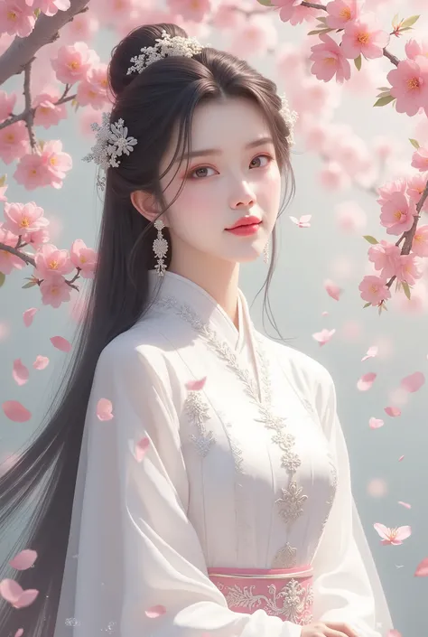  An ancient Chinese beauty in a white hanfu dress looks straight,  Black Long Hair ,  simple hair ornaments ,  pink lips ,  Round chest , Standing near a peach tree 
