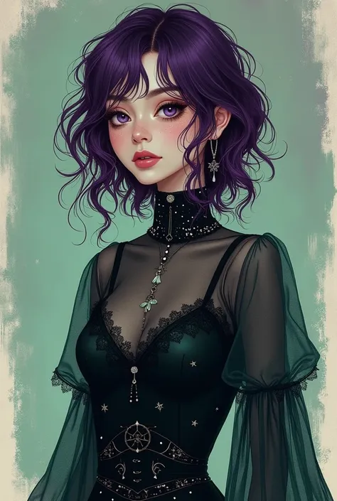 A mysterious lady with deep plum hair, styled in loose, tousled waves, illustrated in a Soft Pastel Impressionism style. She wears a layered, witchy outfit of translucent black fabric with hints of emerald green and silver, adorned with crescent moon and s...