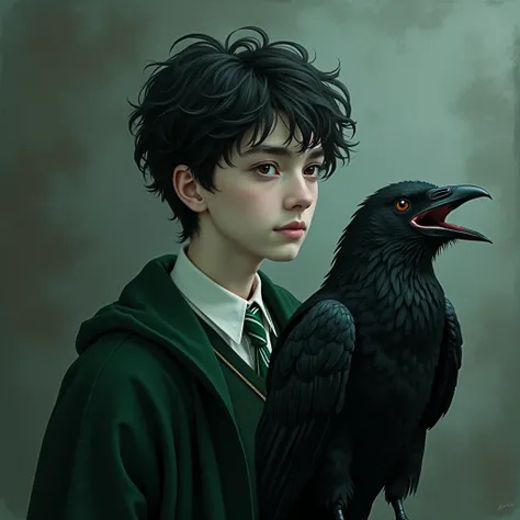 Adolescent about , has white skin and very dark hair, He has a Slytherin uniform and there is a raven with him