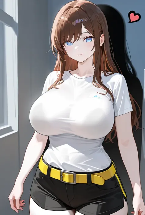  A woman with long brown hair, light blue eyes, white skin, a heart-shaped face, a full hourglass doll, large breasts, large breasts, big milk, giant milks.The highlight of the image is wearing a white shirt, short sleeves do not close the chest, showing t...