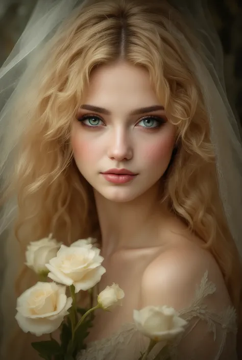  where MY BEAUTIFUL GIRL WITH BLOND HAIR ?  beloved AND THE ONLY , SHEER MYSTERIES ,  BEAUTIFUL AND CHARMING WITH A BOUQUET OF DELICATE FLOWERS WITH A SMILE ON HER FACE AND A GENTLE LOOK,  masterpiece best quality ,  Lots of Details ,8 k, 