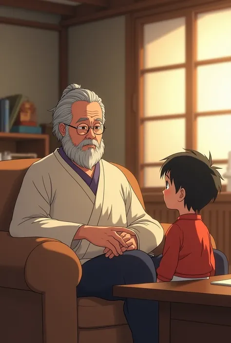 Fait moi un animé d'une père Vieux assie dans sont canapés et conseil son fils qui l écouter attentivement 