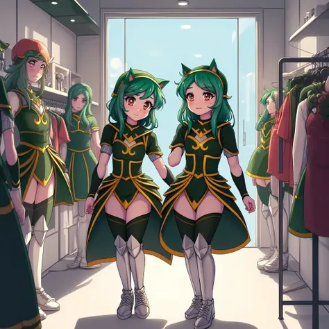 2 anime girls, clothing store, mannequins