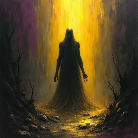 "Depict a spectral humanoid figure engulfed in a flood of golden light, but instead of illuminating, the light seems to weigh it down like a crushing force. The figure’s is faceless, twisted, or absent, lost in a sea of jagged brushstrokes and oppressive d...