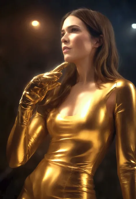 best quality, highres, 8k, masterpiece, photography, detailed midbody photorealistic portrait. Golden Glory exudes Mandy Moore's amber magnificence. Clad in a golden latex catsuit, she ties up her prey with golden restraints. Her dark hair is pulled into a...