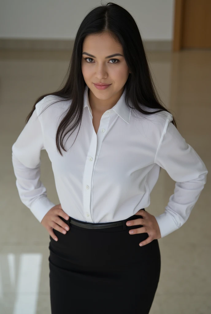 Very pretty office girl, office uniform, Pretty face, hands on hips, High details, Beautiful. Black hair, Masterpiece, Super Detailed, Textured Skin, realistic, full body, POV, from above,High Resolution, Anatomically Correct, Accurate, Best Quality, Detai...