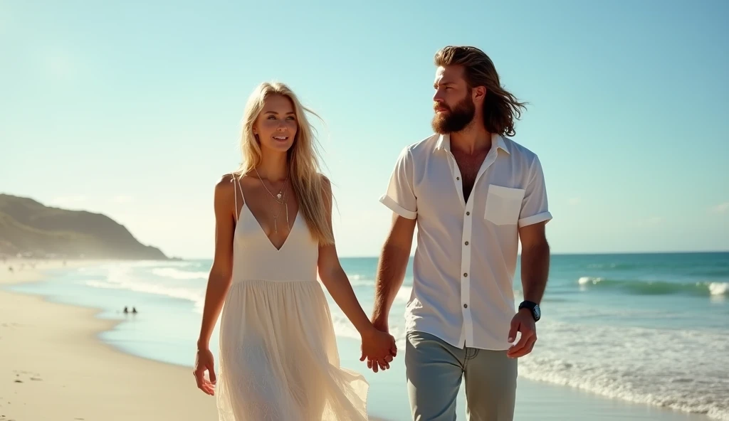  Create a blonde with blue eyes and a man nicely trimmed with a beard,  the body should be directed forward with long hair,  Background — beach They walk along the beach and hold hands. girl in a long sundress, man t-shirt and pants 