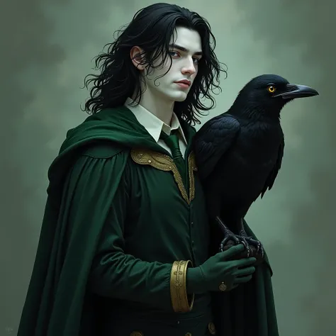  ager, has white skin and very dark hair, He has a Slytherin uniform and there is a raven with him